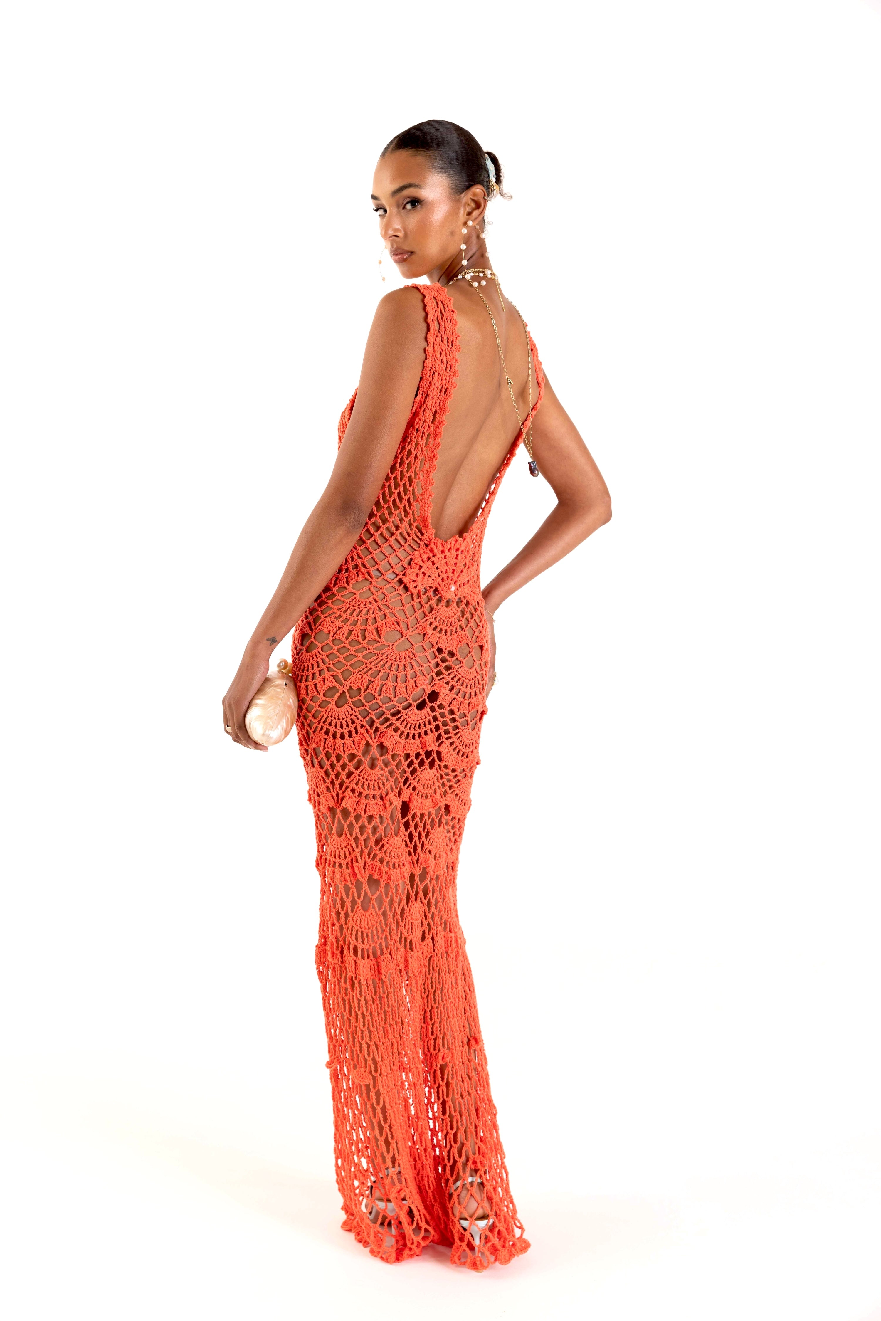 coral crochet dress ANDREEVA - Coral Shell Handmade Maxi Crochet Dress