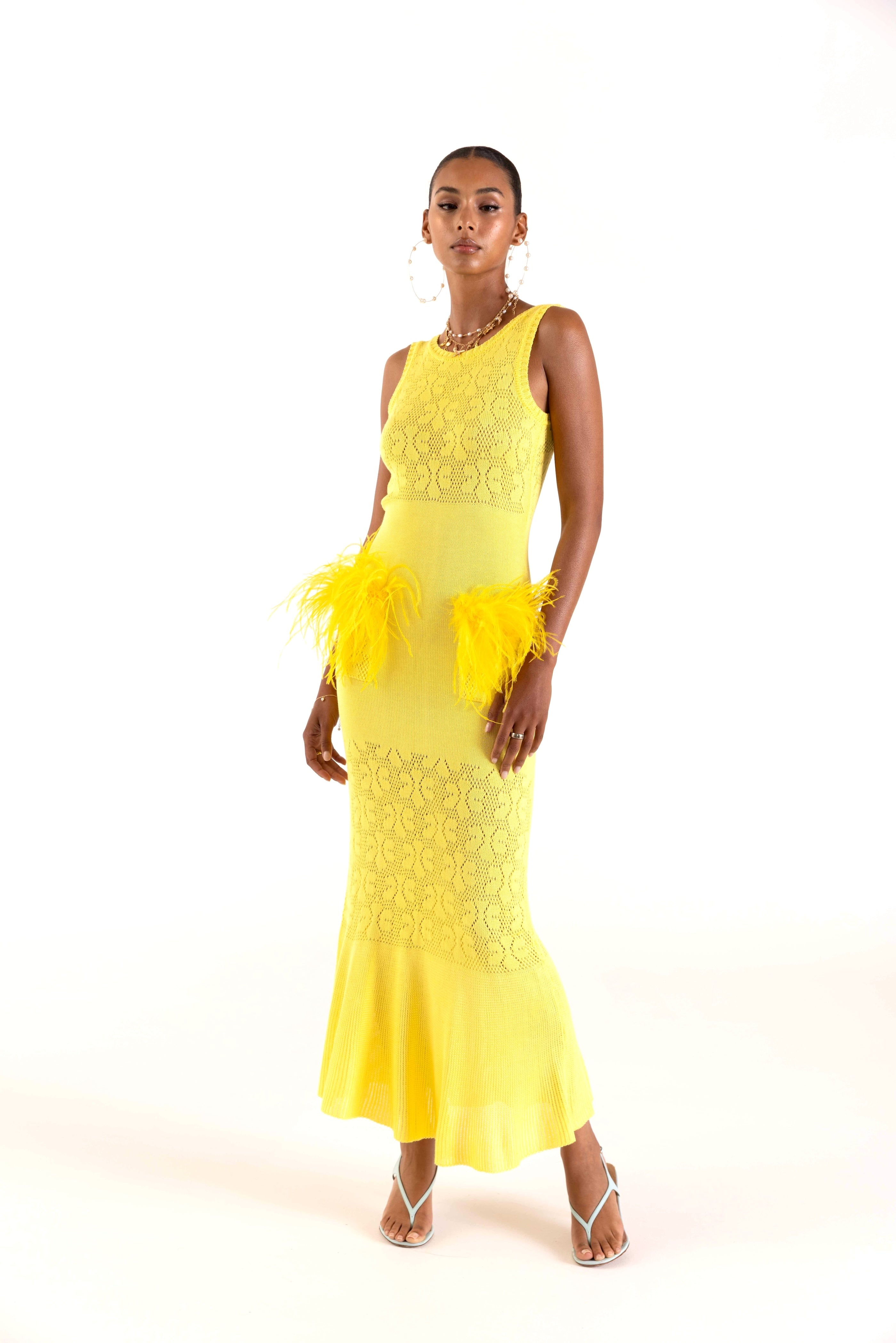 ANDREEVA yellow knit dress with real ostrich feathers