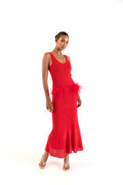 Cherry Knit Dress With Real Ostrich Feather Details