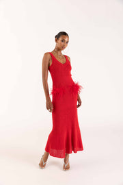 andreeva womens red knit dress with feathers