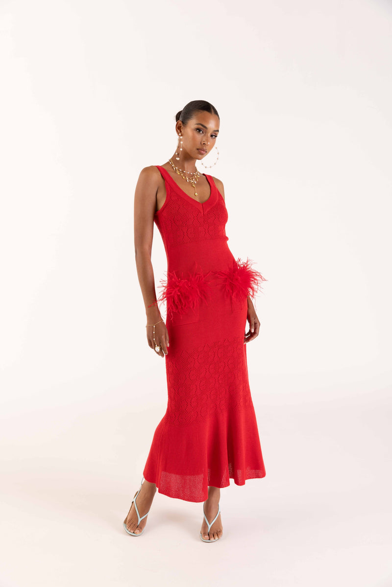 andreeva womens red knit dress with feathers