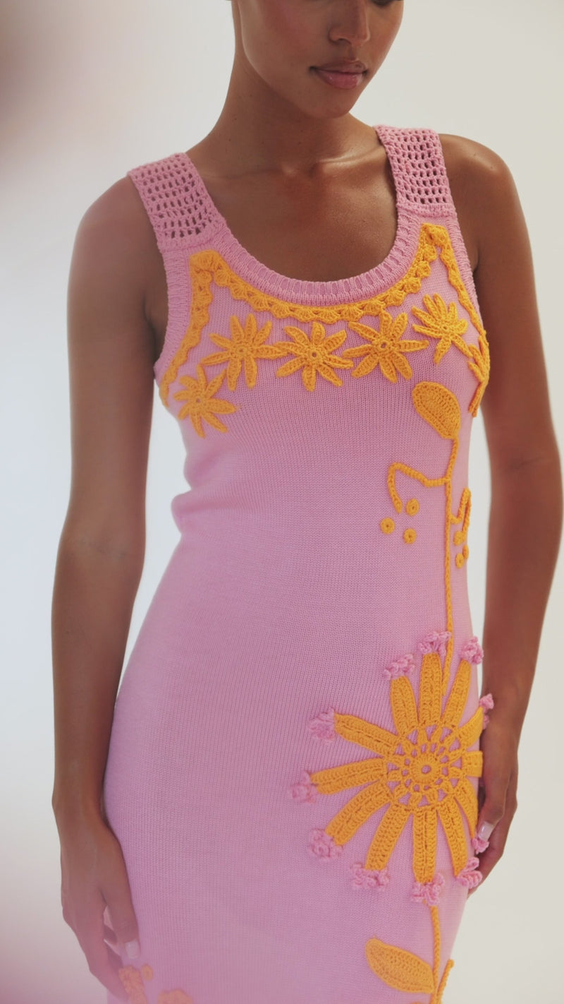 andreeva pink knit midi dress with embroidery