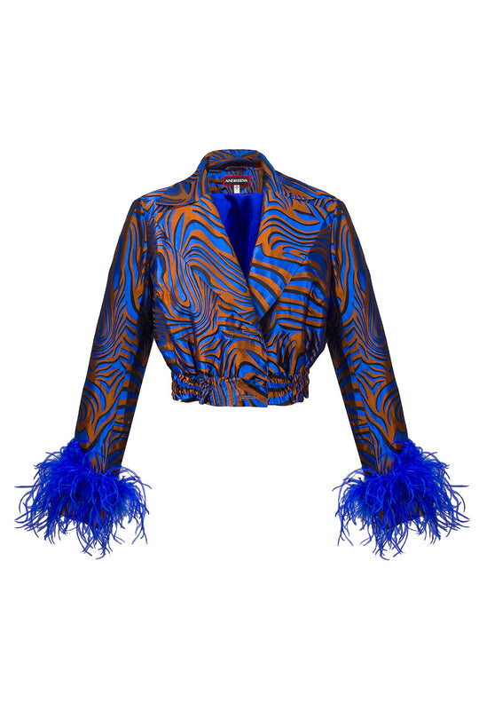 andreeva blue jacket with feathers