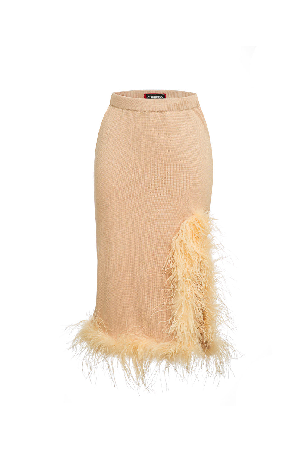 andreeva peach knit skirt with feathers