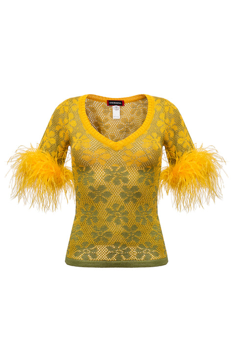 andreeva geen knit top with feathers