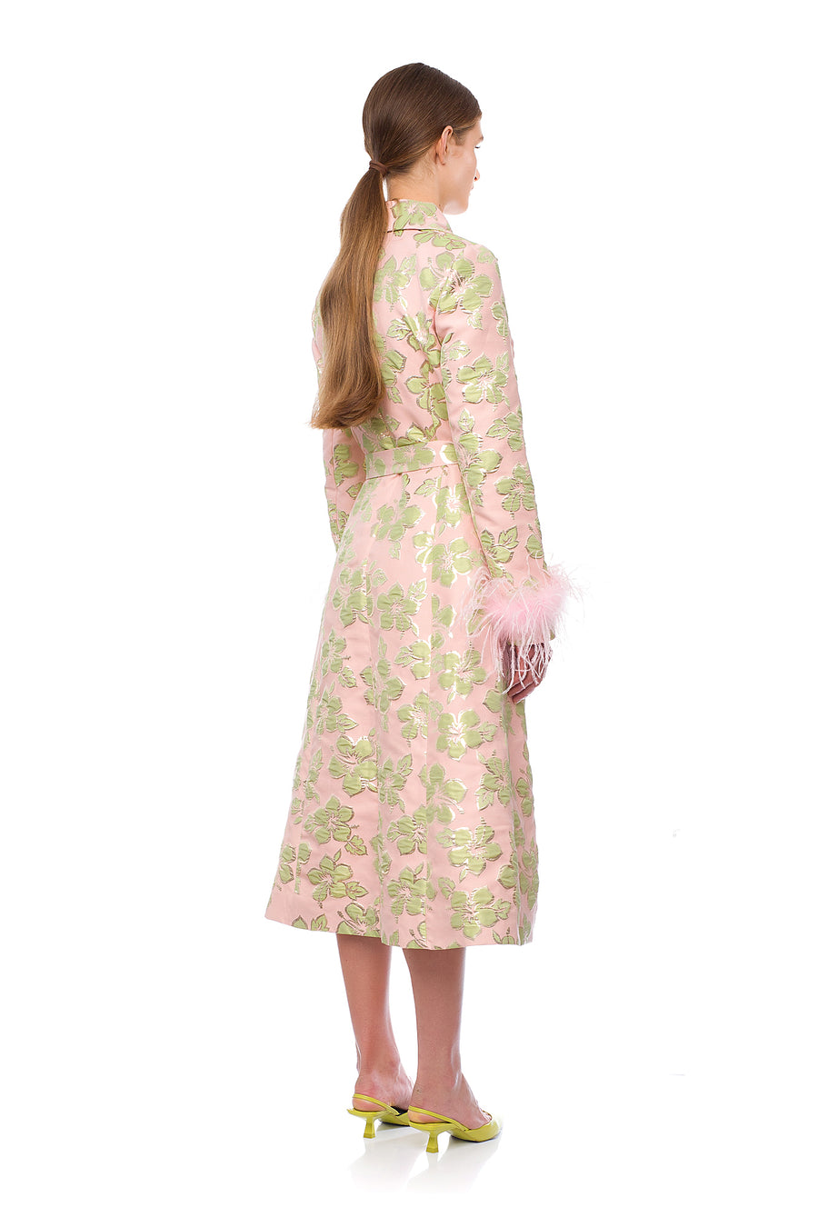 Pink Jacquard Coat №19 with detachable feather cuffs