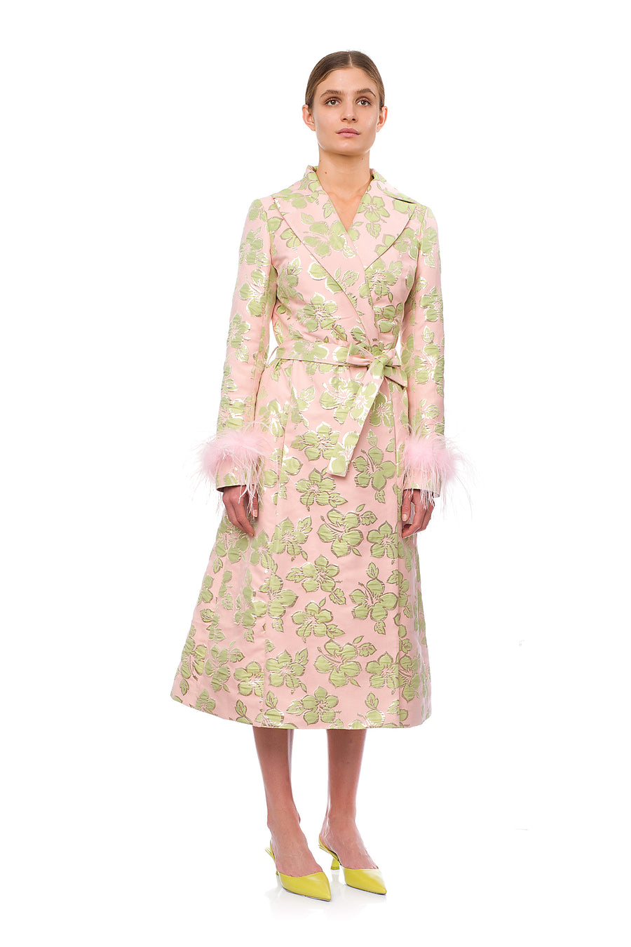 Pink Jacquard Coat №19 with detachable feather cuffs