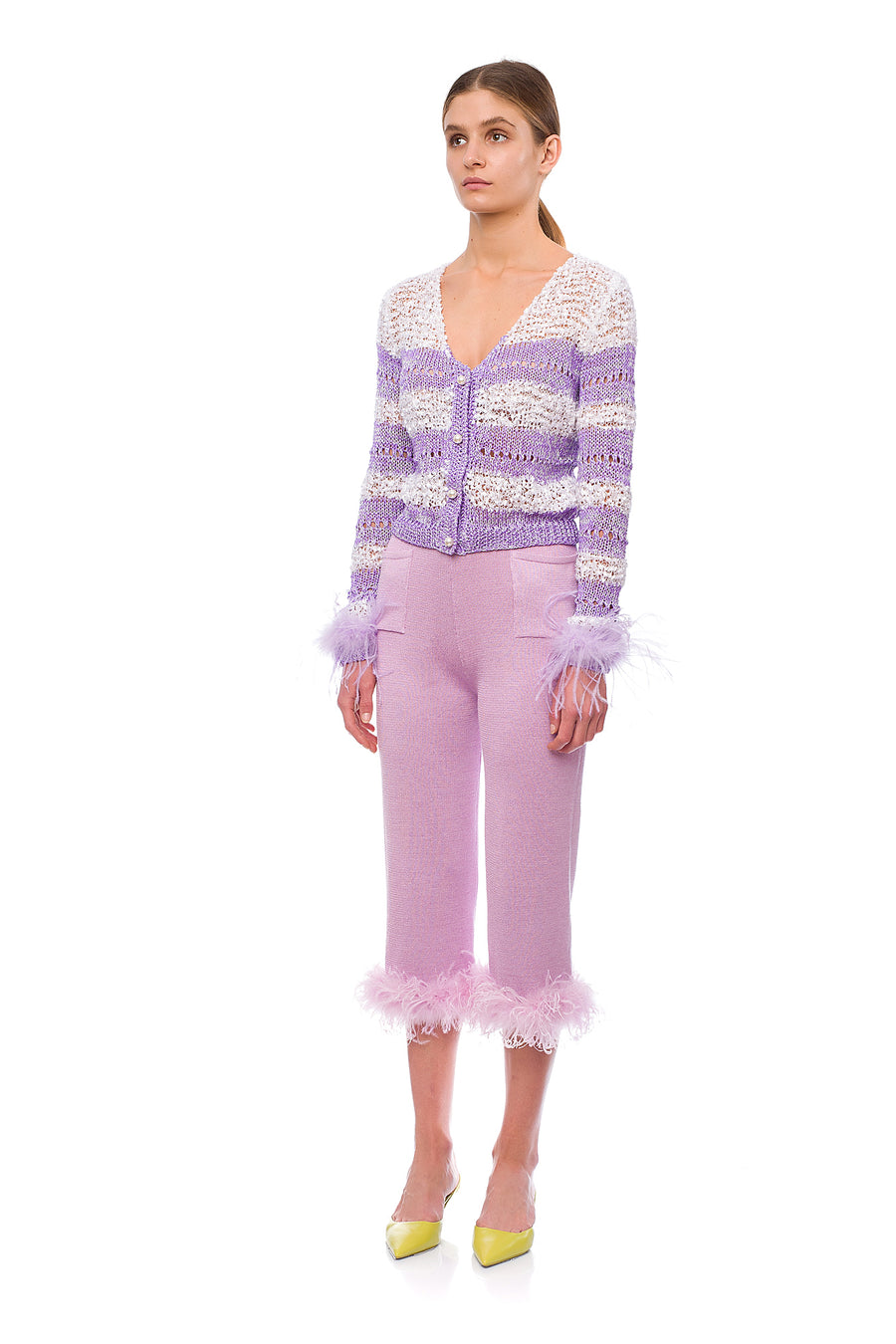 Lavender Handmade Knit Sweater With Detachable Feather Details On The Cuffs and Pearl Buttons