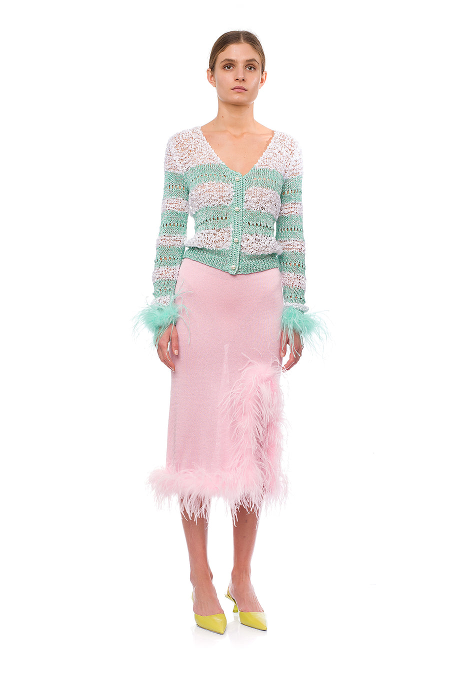 Mint Handmade Knit Sweater With Detachable Feather Details On The Cuffs and Pearl Buttons