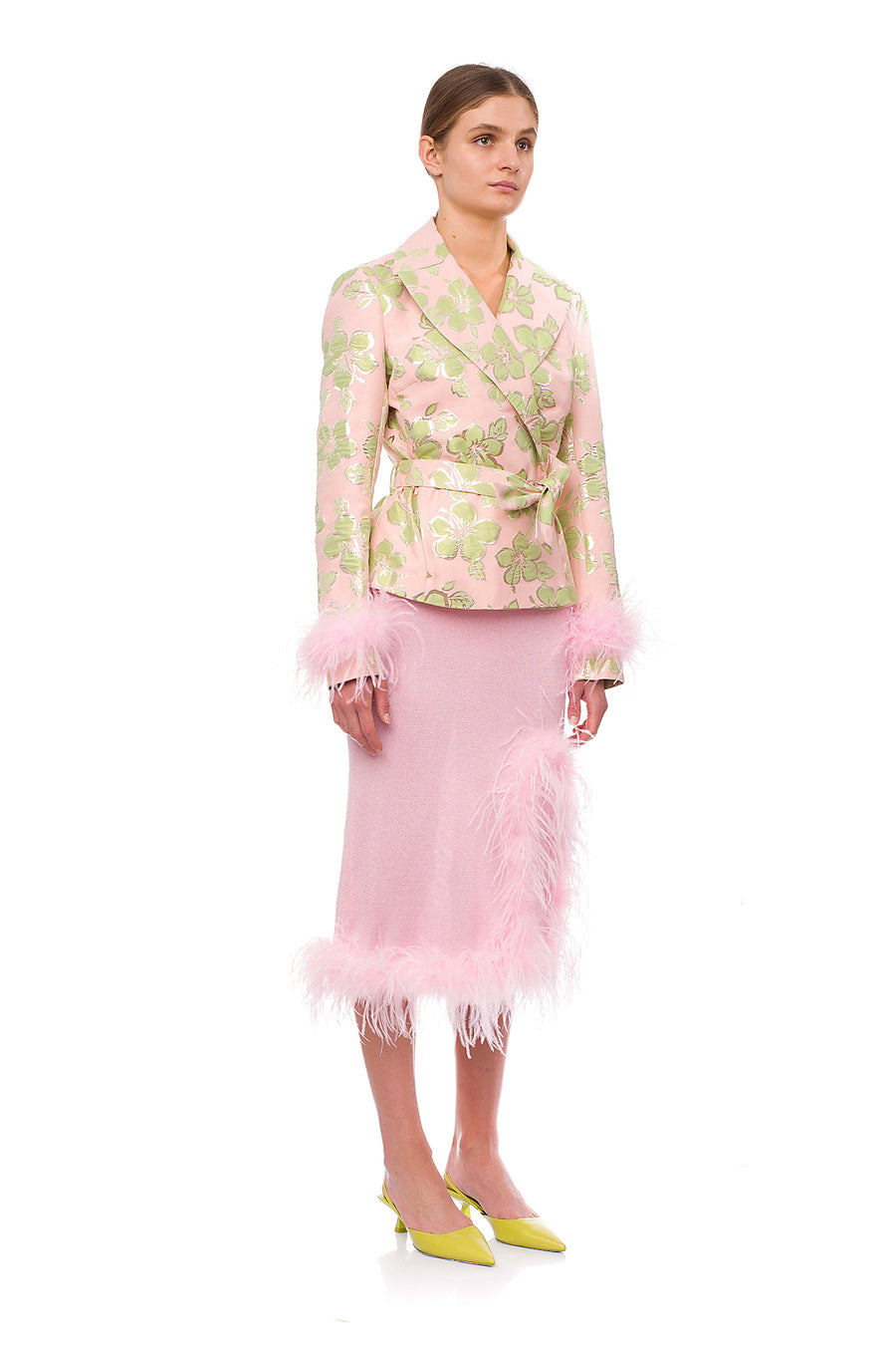 Pink Jacquard Jacket №19 with detachable feather cuffs
