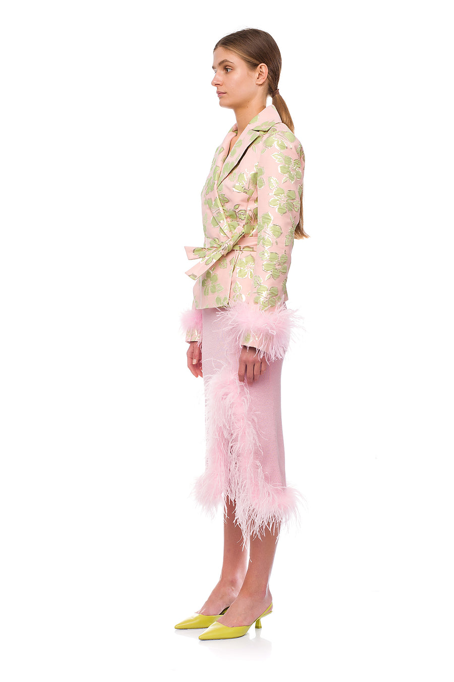Pink Jacquard Jacket №19 with detachable feather cuffs