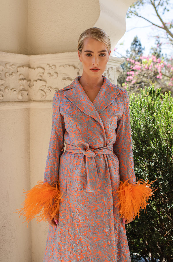 andreeva orange coat with feathers