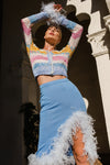 andreeva blue knit skirt with feathers