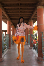 andreeva orange knit skirt with feathers