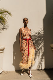 andreeva peach skirt with feathers