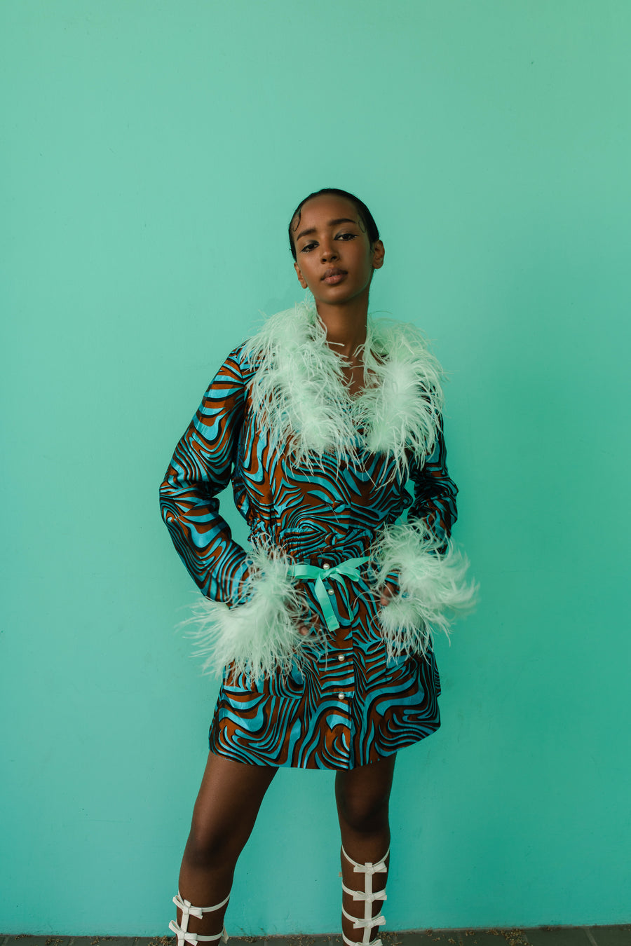 andreeva mint jacket with feathers